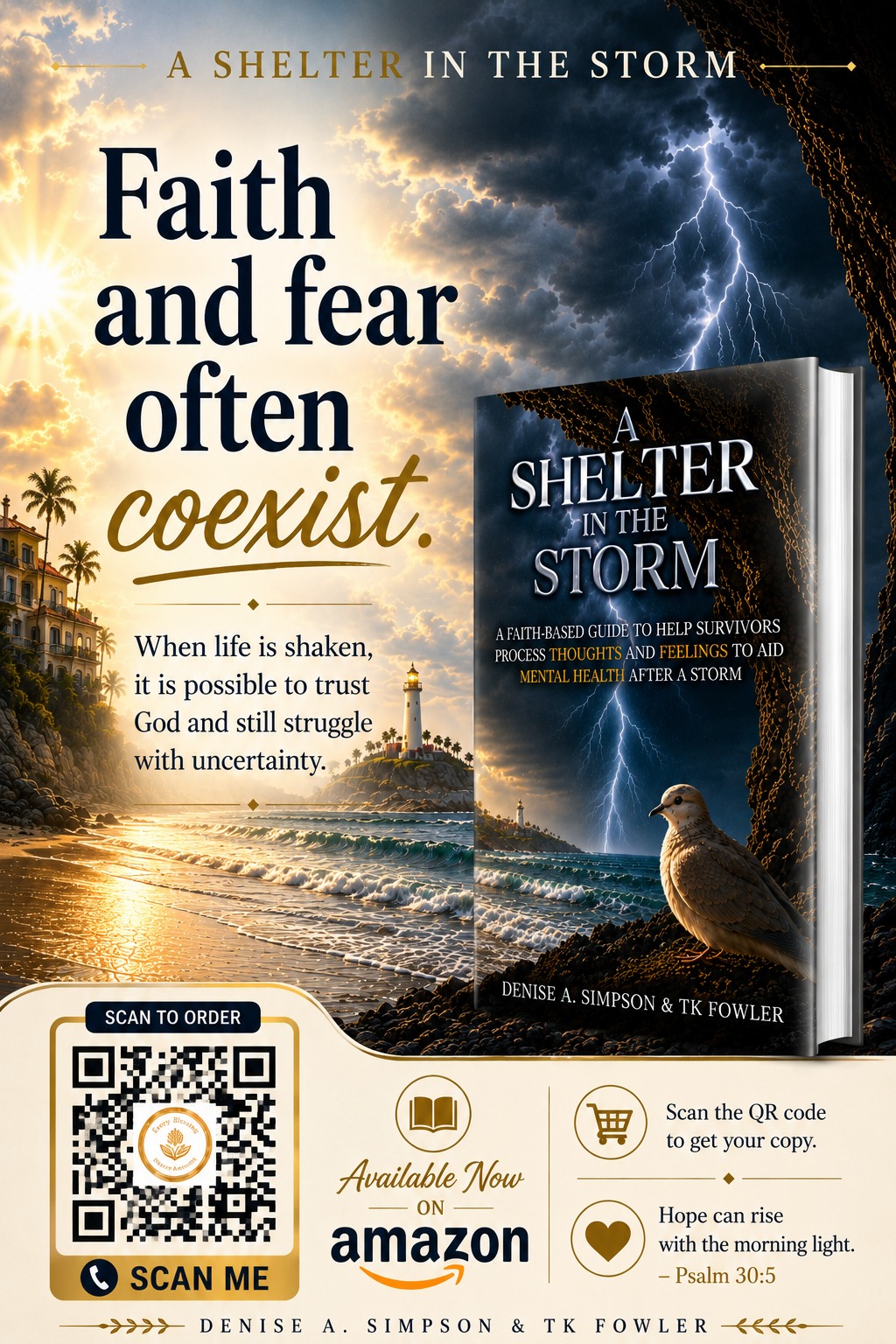 A Shelter in the Storm — book cover with lighthouse and stormy sea